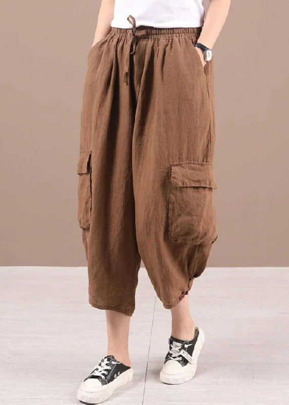 Super Sale Classy Khaki retro Pockets Summer Linen Pants