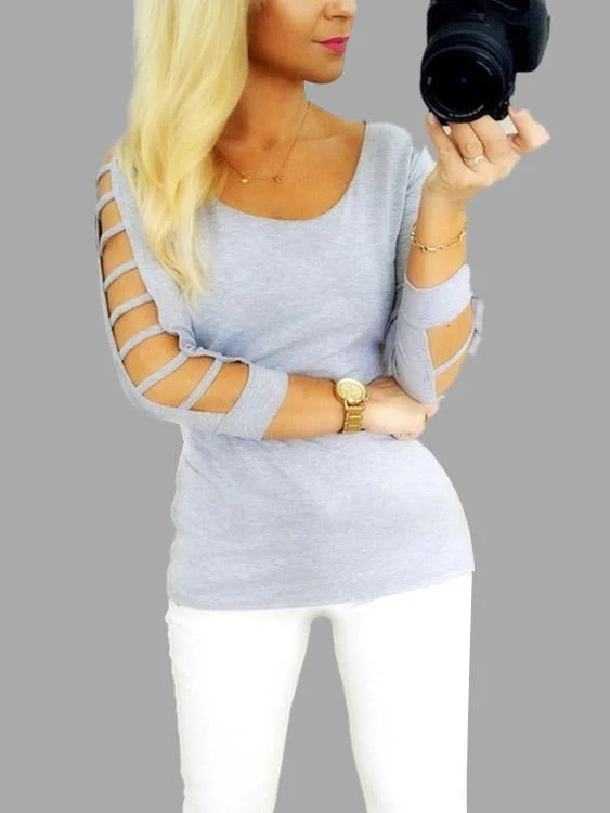 Stock Up and Save Custom Round Neck Cut Out 3/4 Sleeve Grey T-Shirts