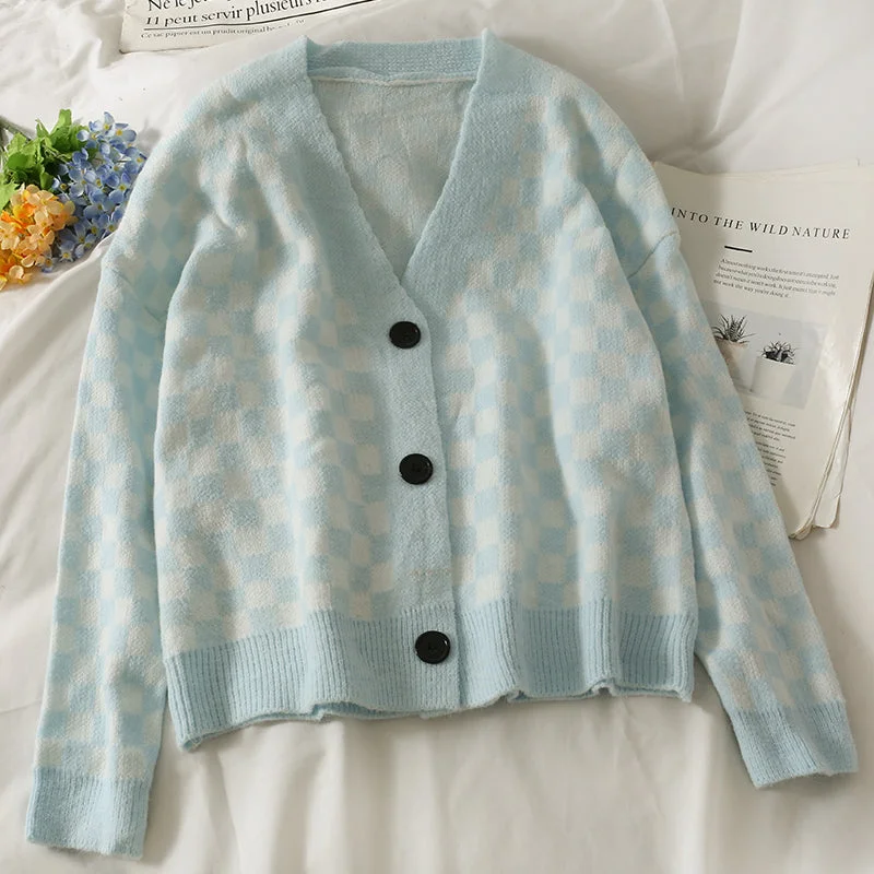 New Markdowns Single breasted cardigan plaid sweater women's sweater  1789