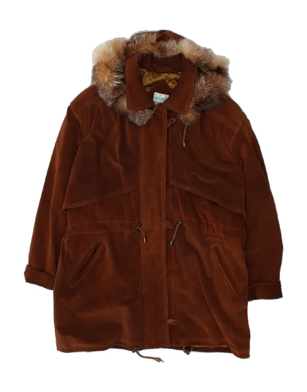 Weekend Discounts to Delight VINTAGE Womens Hooded Suede Overcoat UK 16 Large Brown