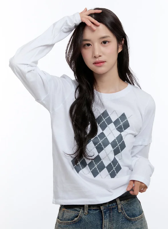 Weekend Shopping Extravaganza Argyle Print Long Sleeve Top ON418