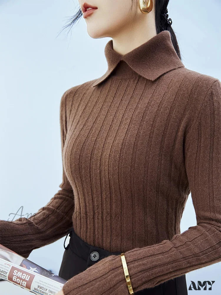 Deal Alert New Polo Collar Women's Knitted Long Sleeve Slim Fit Pullovers Autumn Winter Sweater