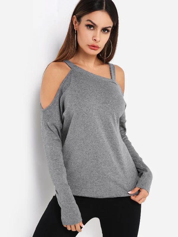 Weekend Flash Sale Custom One Shoulder Plain Long Sleeve Grey Top