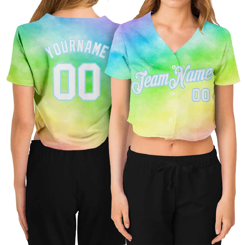 Hurry In Custom Women's Tie Dye White-Light Blue Rainbow 3D V-Neck Cropped Baseball Jersey
