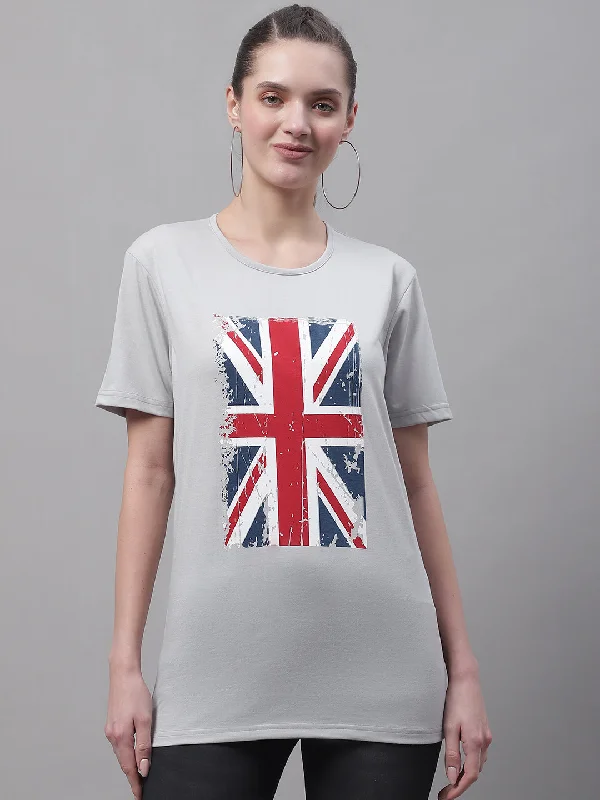 Shop and Save Vimal Jonney Round Neck Cotton Printed Grey Melange T-Shirt for Women