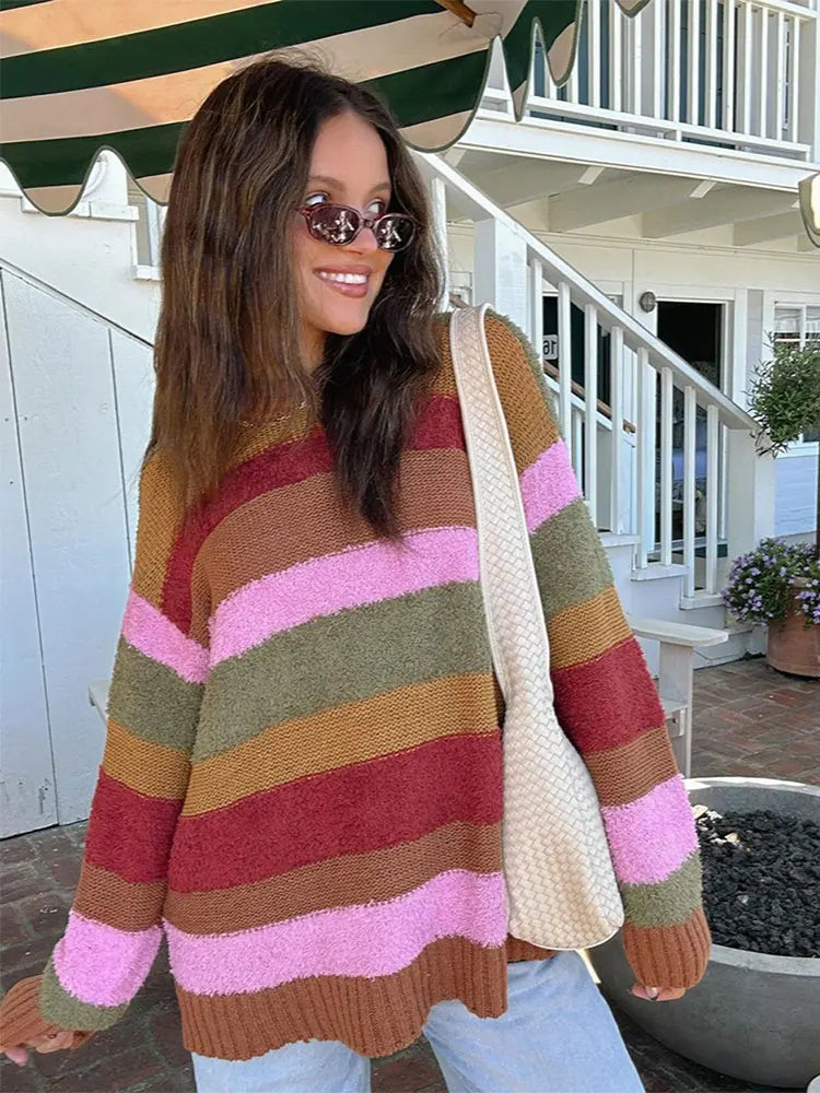 Bonus Savings Elegant Sweet Colorful Striped Loose Knitted Women Casual O Neck Long Sleeve Sweater