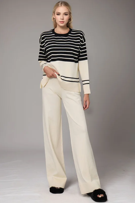 Discount Mania Basic Bae Striped Round Neck Long Sleeve Top and Pants Sweater Set