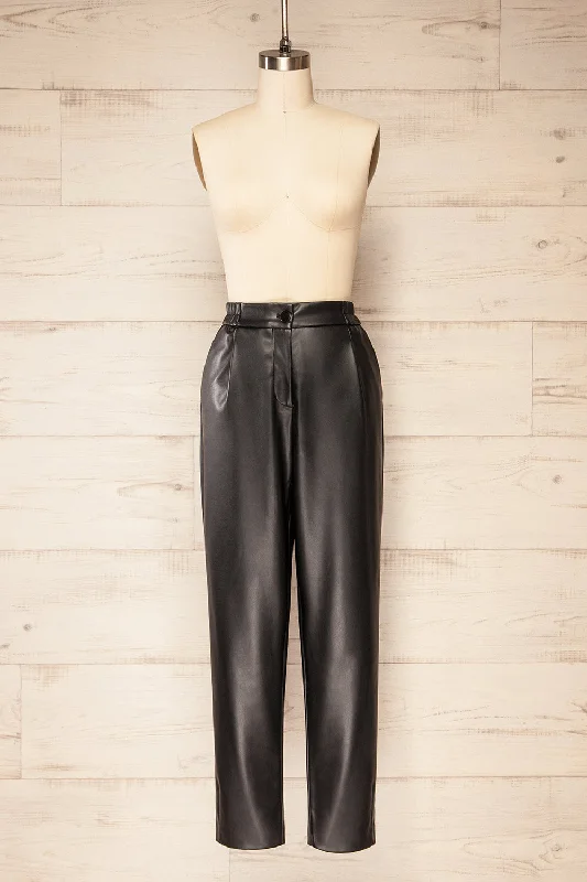 Quick Deals Zander Black | Faux-Leather Pants w/ Elastic Waistband