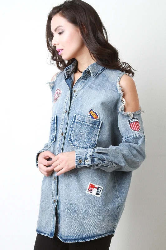 Quick Sale The Royal Cold Shoulder Denim Button Up Top