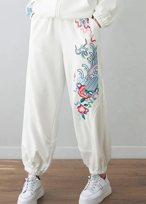 Deal Explosion Casual White Embroideried Floral High Waist Pockets Beam Pants Fall