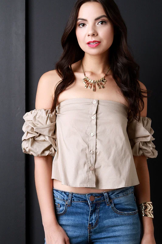 Cash Savings Ruffle Sleeves Button Up Tube Top