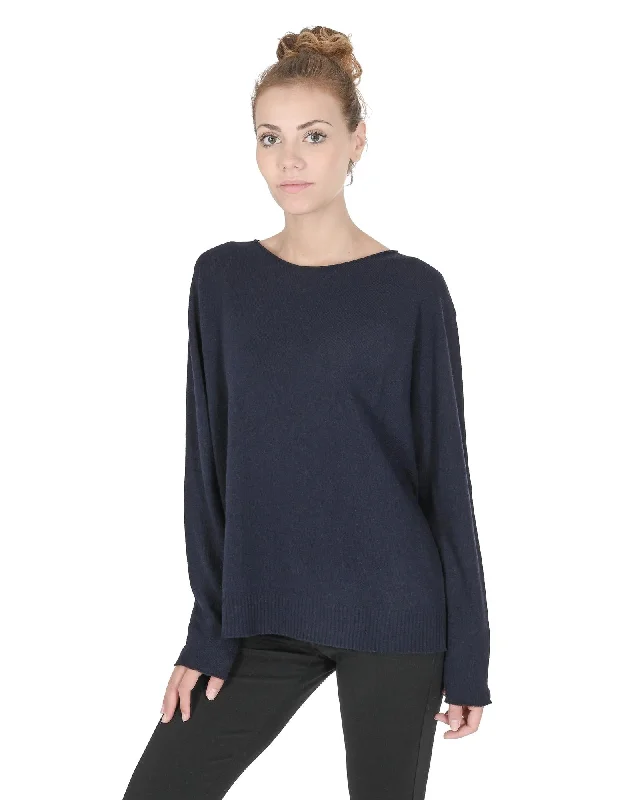 Weekend Discounts to Grab Crown of Edinburgh Cashmere Women's Premium Cashmere Oversize Boatneck Sweater in Navy blue - S