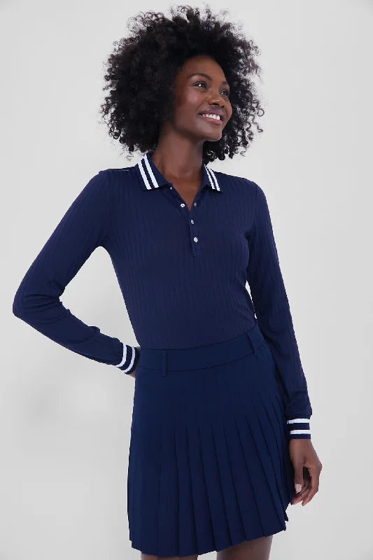 Midnight Madness Refined Navy Long Sleeve Drop Needle Rib Knit Polo
