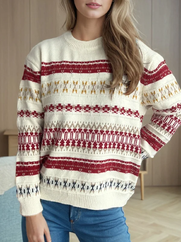 Crazy Deals Geometric Round Neck Long Sleeve Sweater