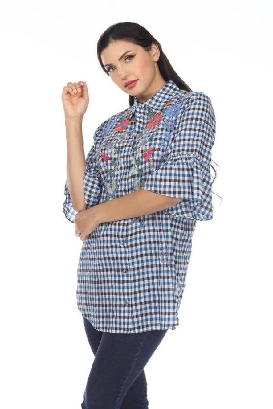 Top Pick Johnny Was Workshop Blue/Multi Taryn Ruffle Sleeve Tunic Top Boho Chic W22922 NEW